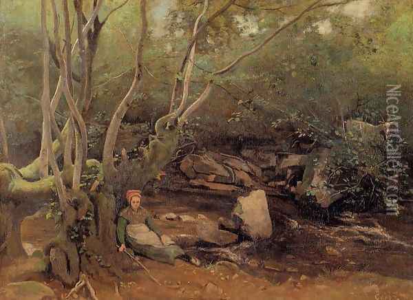 Lormes - Shepherdess Sitting under Trees beside a Stream Oil Painting - Jean-Baptiste-Camille Corot