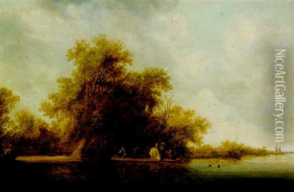 A River Landscape With A Ferry Oil Painting - Salomon van Ruysdael