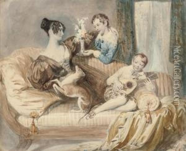 A Portrait Of Julia Shaw With Her Two Sons And A Whippet Oil Painting - Daniel Maclise