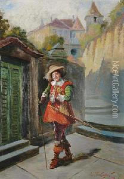 A Musketeer With A Pipe Oil Painting - Jan Skramlik