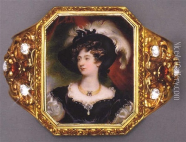 Charlotte, Duchess Of Northumberland, In Black Velvet Dress With White Sleeves And Underdress, Drop-pearl Pendant At Corsage, Gold Choker, Black Hat With Plumes In Her Hair Oil Painting - William Essex