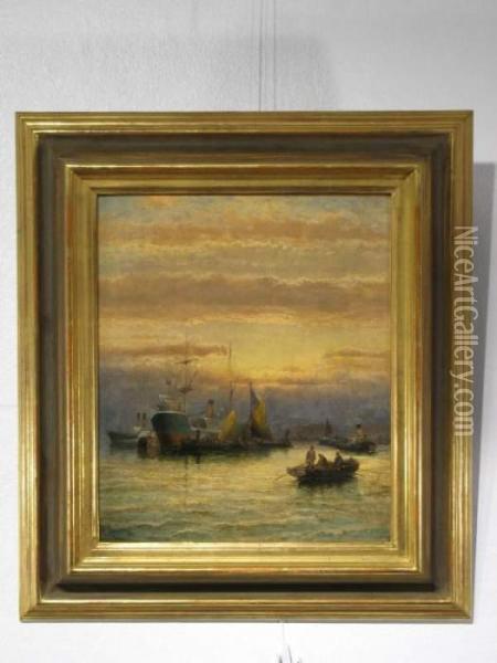 Hafenszenerie Im Morgenrot Mit Dampfschiffen, Ruderboot Und Darin Sitzenden Fischern. Oil Painting - William Georges Thornley