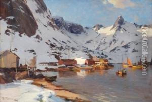 Fiskevaer I Lofoten Oil Painting - Even Ulving