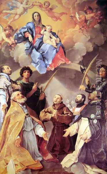 Enthroned Madonna and the Holy City of Bologna, St. Ignatius Loyola, St. Petronius, St. Proculus of Bologna, St. Fr Oil Painting - Guido Reni