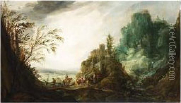 A Rocky Landscape With A Oil Painting - Johannes Tilens