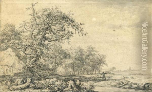 A Shepherd And His Flock Approaching Farm Buildings Among Trees Oil Painting - Jacob Van Ruisdael