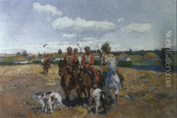 Tscherkessen, Ein Kaukasisches Reitervolk, Uberqueren Ein   Abgemahtes Kornfeld In Einer Weiten Ebene... Oil Painting - Franz Roubaud