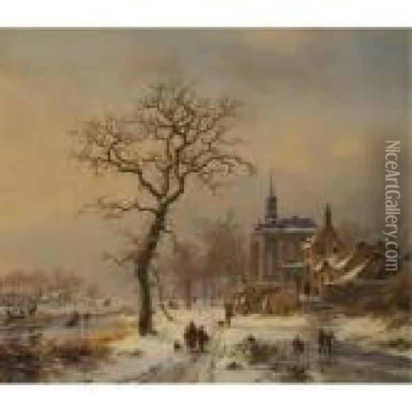 Winter Scene With Children Playing On The Ice Oil Painting - Frederik Marianus Kruseman