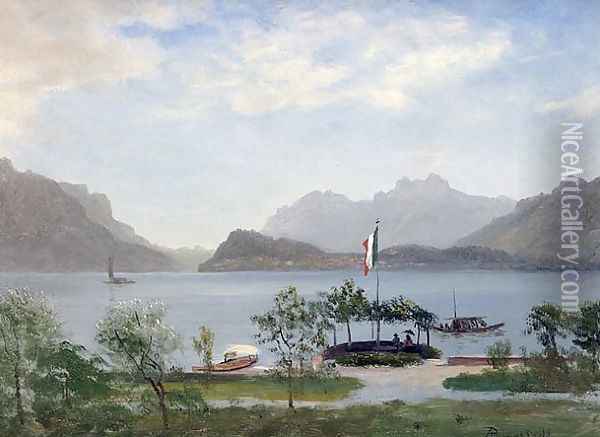 Lakeshore In Northern Italy, c 1855 Oil Painting - Albert Bierstadt