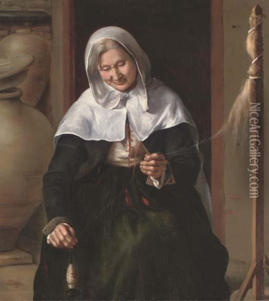 An Old Woman Spinning Wool In An Interior Oil Painting - Louis And Matthew Le Nain