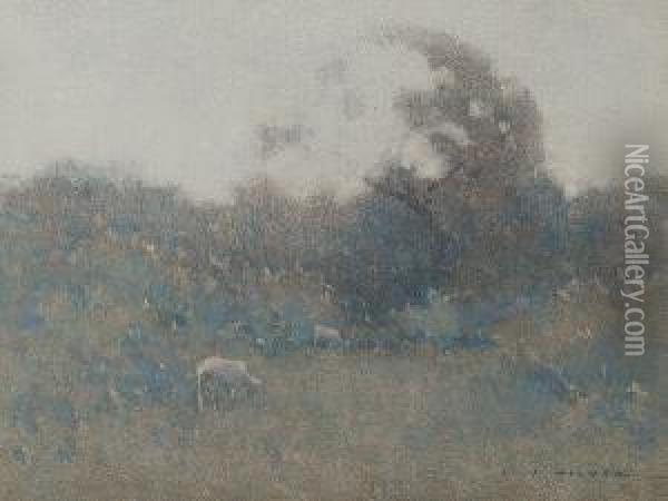 Sheep Grazing In Bushland Oil Painting - Jesse Jewhurst Hilder