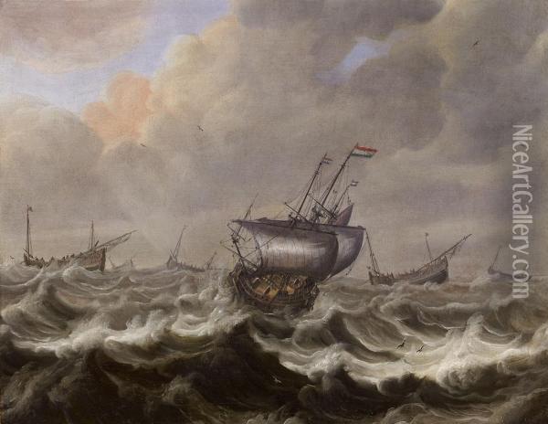 Drei Schiffe Auf Sturmischer See Oil Painting - Pieter the Younger Mulier