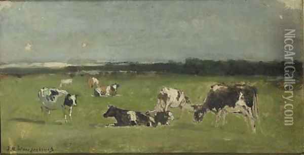 In de weide cows in a polder landscape - a study Oil Painting - Johan Hendrik Weissenbruch