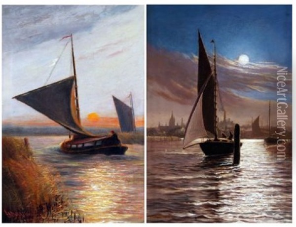 Boats On Breydon Water By Moonlight With Haven Bridge And Town In Distance Wherries In A Stiff Breeze On The Broads At Sunset (pair) Oil Painting - Stephen John Batchelder