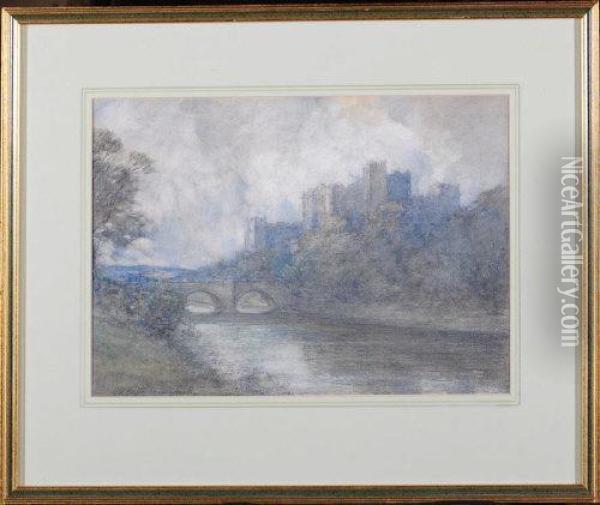 A Castle By A River - Possibly Alnwick Castle Oil Painting - Hugh Bellingham Smith