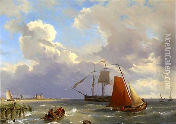 Shipping In A Choppy Estuary Oil Painting - Hermanus Koekkoek the Elder
