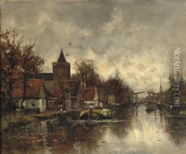 Shipping On The Vecht Near The Sint Nicolaaskerk, Vreeland Oil Painting - Fredericus Jacobus Van Rossum Du Chattel