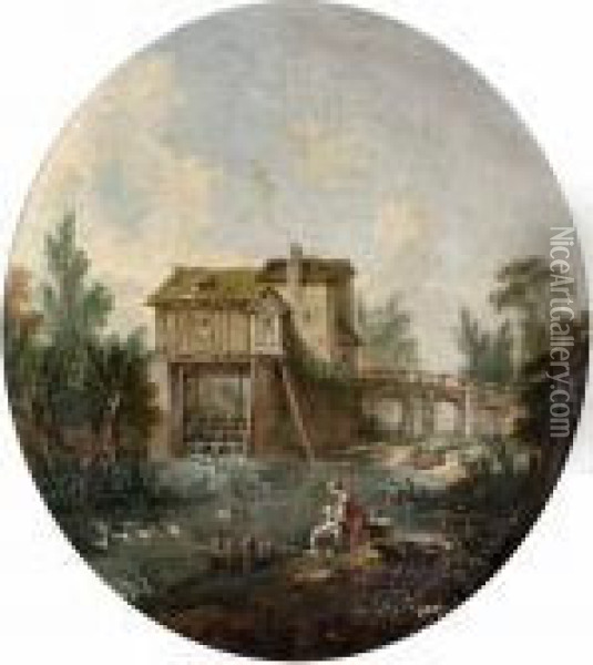 Romantiskt Landskap Med Tvatterska Oil Painting - Hubert Robert