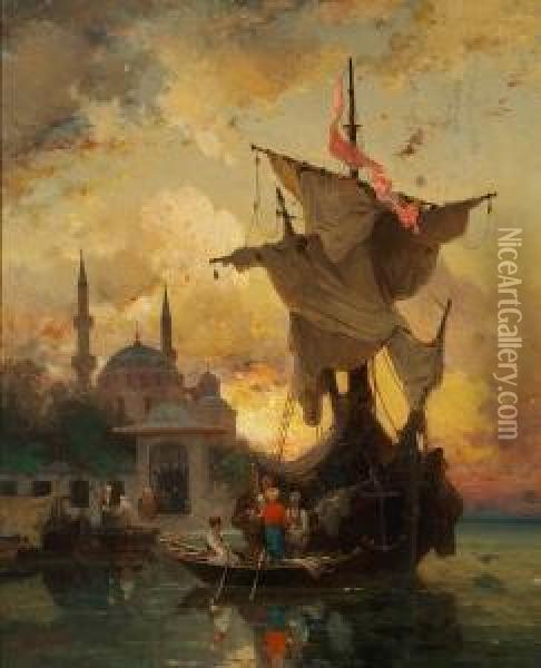 Night Scene In Constantinople With Men In A Sailing Boat Oil Painting - Fabius Germain Brest