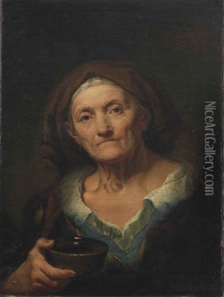 A Tronie Of An Old Woman Holding A Cup Oil Painting - Giuseppe Nogari