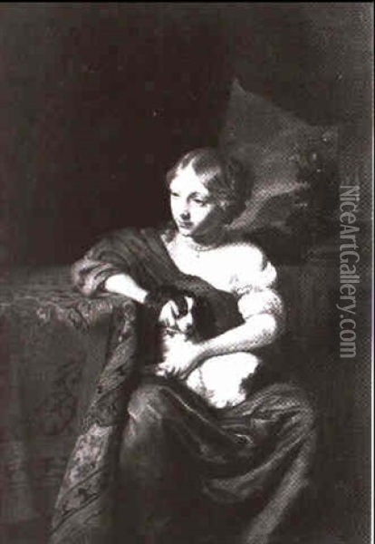 Junge Frau Mit Schosh_ndchen, An Einem Teppich Bedeckten Tisch Sitzend Oil Painting - Nicolaes Maes