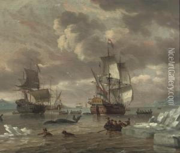 Dutch Whalers Hunting Before An Arctic Coast Oil Painting - Jan Karel Donatus van Beecq