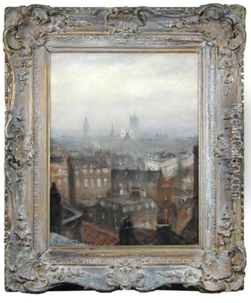 London Rooftops With The Houses Of Parliament In The Background Oil Painting - Christopher Richard Wynne Nevinson