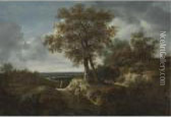 Landscape With Travelers And A Village In A Distance Oil Painting - Jacob Salomonsz. Ruysdael