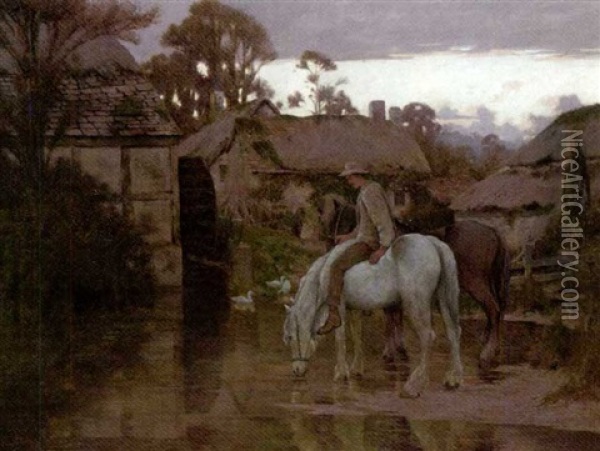 Watering At The Old Mill Pond Oil Painting - Geoffrey Douglas Giles
