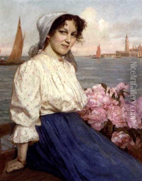 A Maiden On The Lagoon, Venice Oil Painting - Gustav Bauer