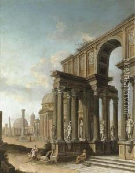 A Capriccio Of Roman Ruins Oil Painting - Domenico Roberti