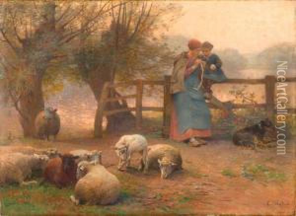Peasant With Boy And Sheep On A Meadow. Oil Painting - Luigi Chialiva