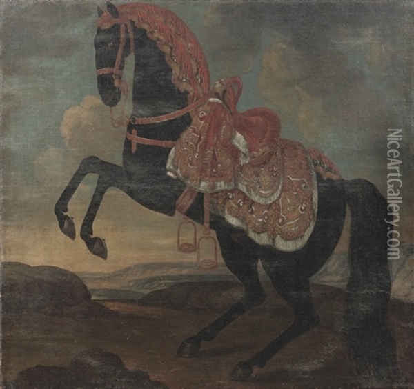 A Rearing Black Stallion, Possibly A Lipizzaner Oil Painting - Johann Georg de Hamilton