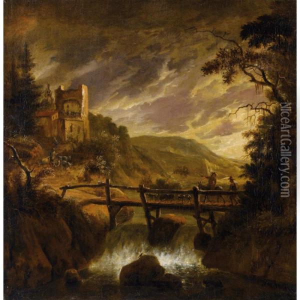 Paysage De Riviere Avec Des Personnages Sur Un Pont Oil Painting - Jean Baptiste Forest