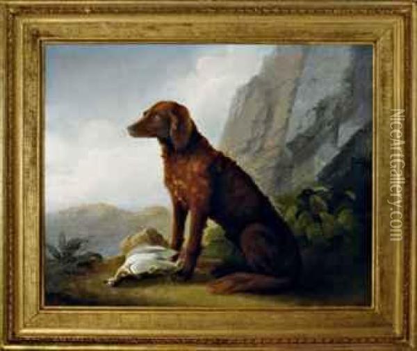 A Hunting Dog With Its Prey In A Landscape Oil Painting - Sawrey Gilpin