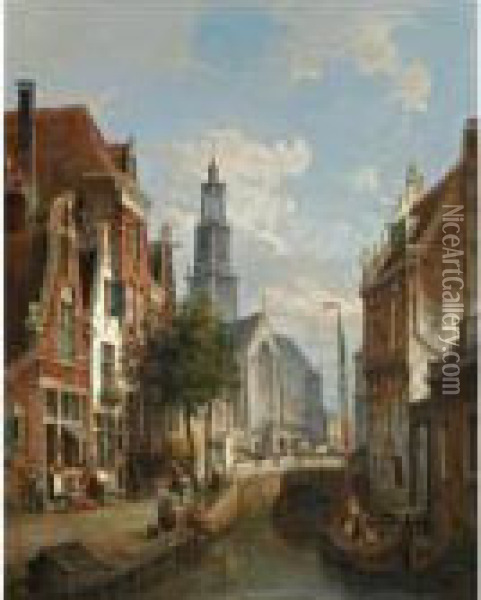 Figures In The Streets Along A Canal In Amsterdam, The Westerkerk In The Background Oil Painting - Pieter Cornelis Dommershuijzen