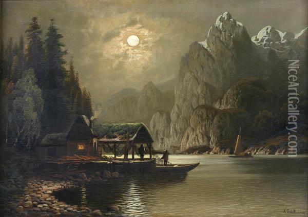 Full Moon Over A Lake Oil Painting - A. Forstmann
