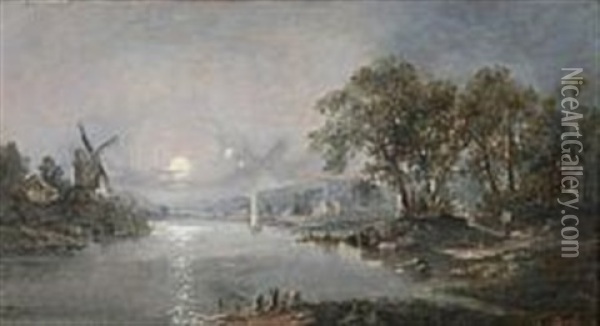 River Scene With Moonlight Oil Painting - John Mundell