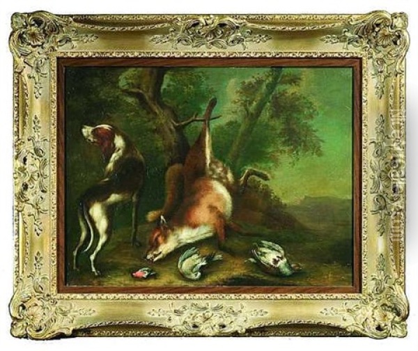 Hund Mit Erlegtem Fuchs (+ Hund Mit Erlegtem Hasen; Pair) Oil Painting - Philipp Ferdinand de Hamilton