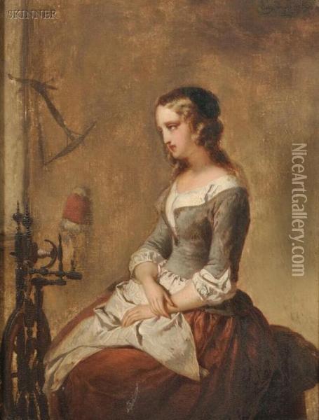 Woman Seated Beside A Spinning Wheel Oil Painting - Eugene Francois De Block