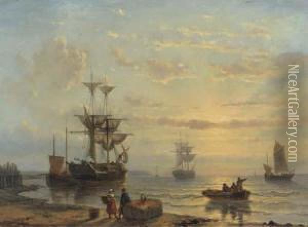 Shipping In A Quiet Bay At Sunset Oil Painting - George Willem Opdenhoff