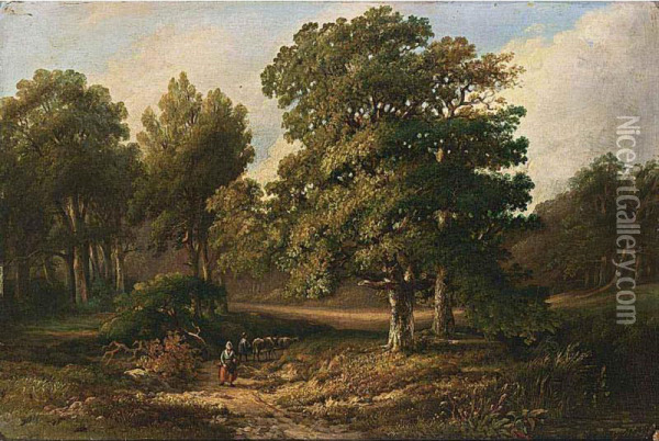A Peasant Woman On A Path In A Wooded Landscape Oil Painting - Gerhardus Meijer