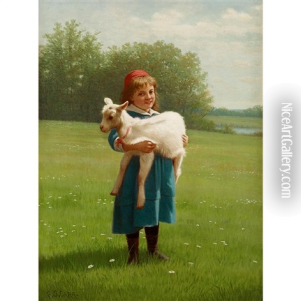 Young Girl Holding A Lamb Oil Painting - Samuel S. Carr