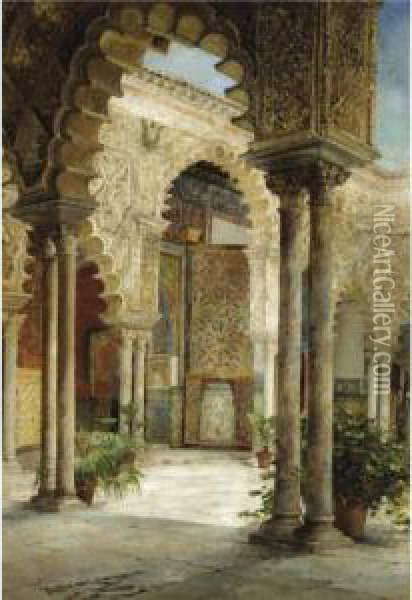 A Sunlit Courtyard, Seville Oil Painting - Jose Montenegro Capell
