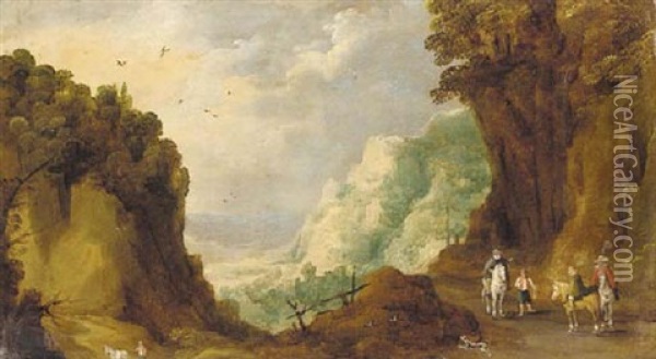 An Extensive Rocky Landscape With Travellers On A Track, A Valley Beyond Oil Painting - Joos de Momper the Younger