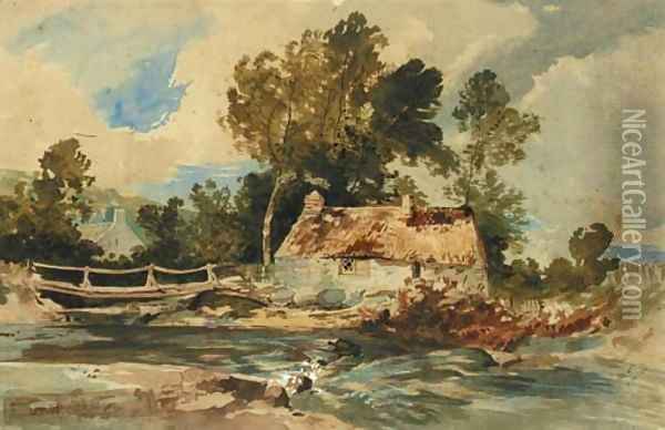 A cottage by a stream in a wooded landscape Oil Painting - William James Muller