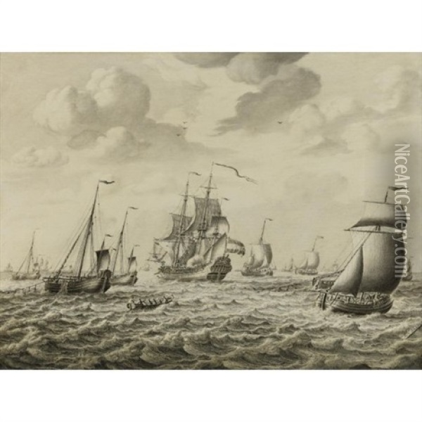 A Dutch Man-of-war Firing A Salute, With A Flotilla Of Fishing Boats And Other Shipping Beyond, A Penschilderij Oil Painting - Adriaen Van Salm