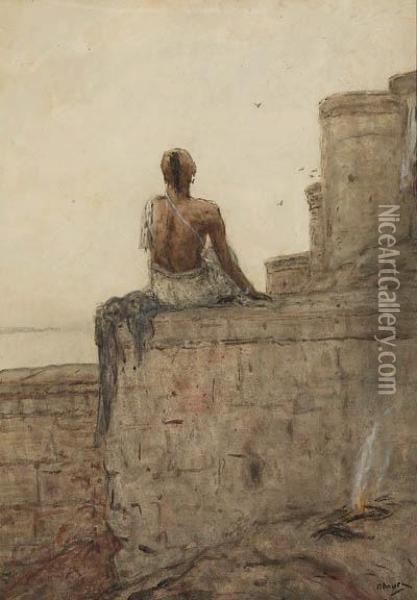 A Contemplating Indian Overlooking A River Oil Painting - Marius Bauer