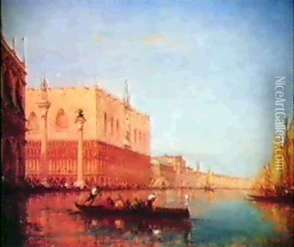 Gondolas On The Grand Canal By The Doge's Palace, Venice Oil Painting - Charles Clement Calderon