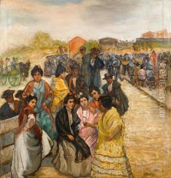 Spanish Villagers In Conversation Oil Painting - Francisco Iturrino Gonzalez